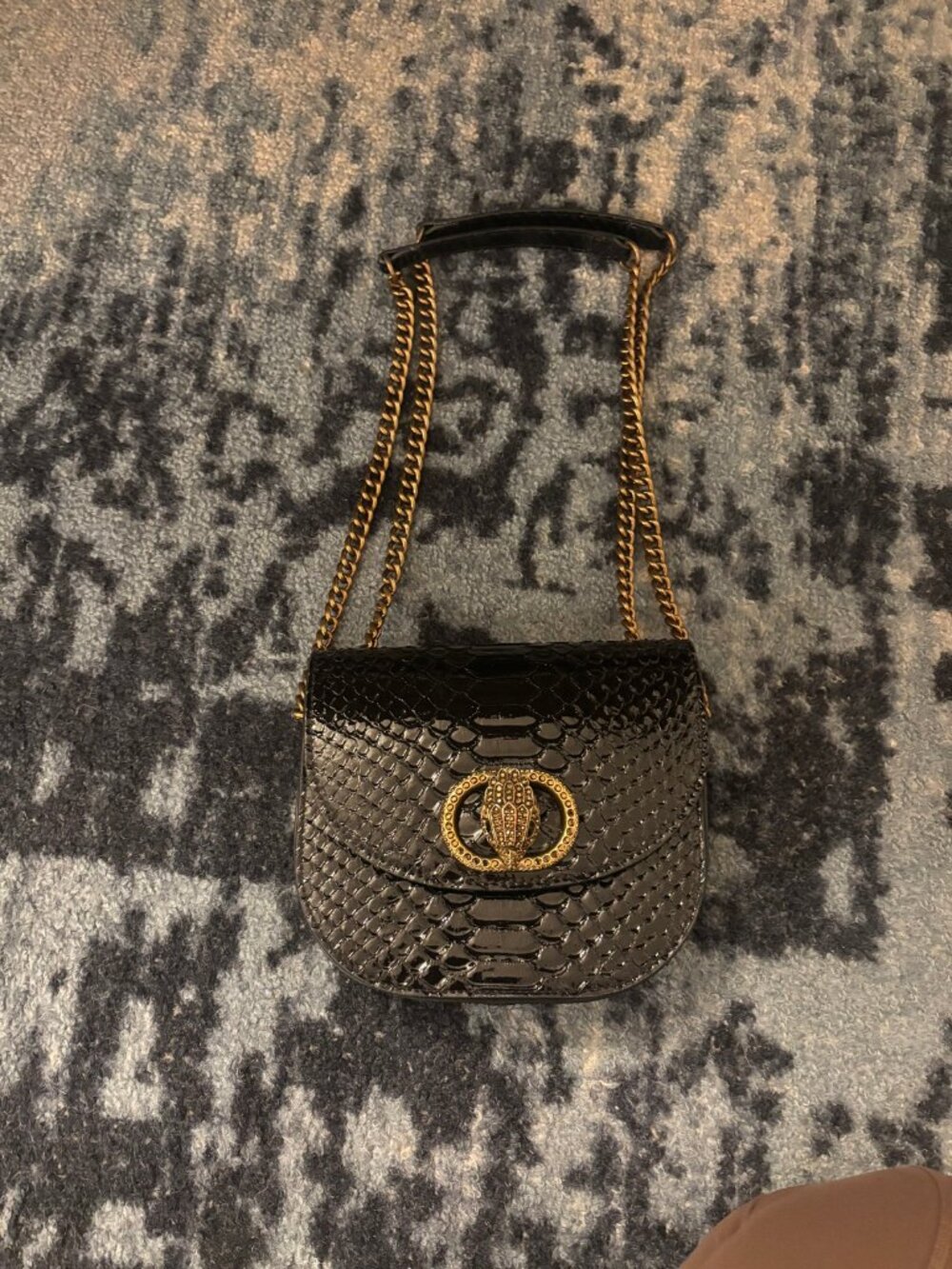 Kurt Geiger London Chelsea Saddle Bag Black Snakeskin Gold Chain